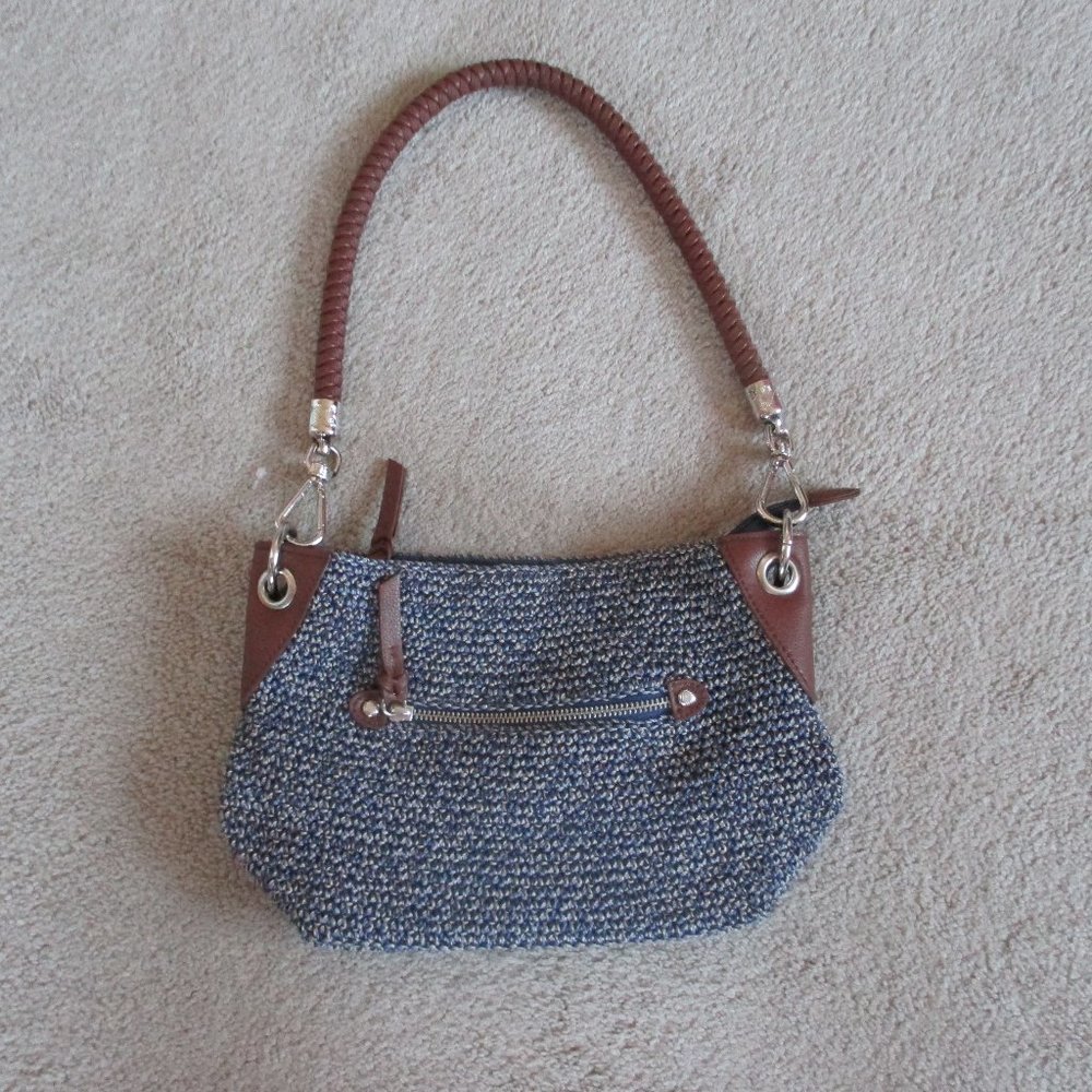 The Sak Blue Denim Crocheted Shoulder Bag Braided Strap Silver Metal Hardware